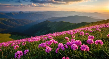Obraz premium Pink flowers blooming on mountain slopes at golden sunset