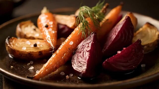 Roasted glazed carrots, onions, and beets seasoned with sea salt and herbs on a rustic plate, close-up of gourmet vegetable side dish.