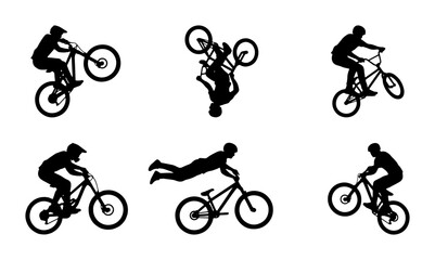 Obraz premium BMX Bike Stunts Silhouettes, Extreme Sports Action Vector Set, Dynamic Bicycle Tricks Collection