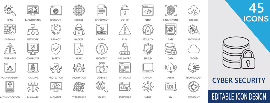 Cyber security stroke icon set featuring protection, scan, firewall, network, login, security, password, and cyber defense.