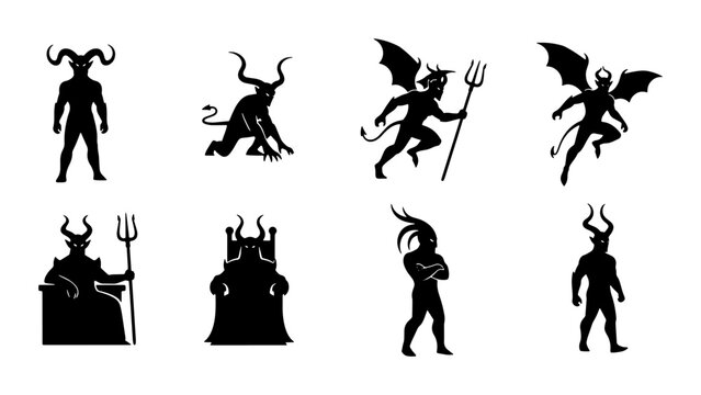 Devil Icons Set, Demon Silhouettes Collection, Hellish Creatures Vector Graphics, Evil Spirits Symbols