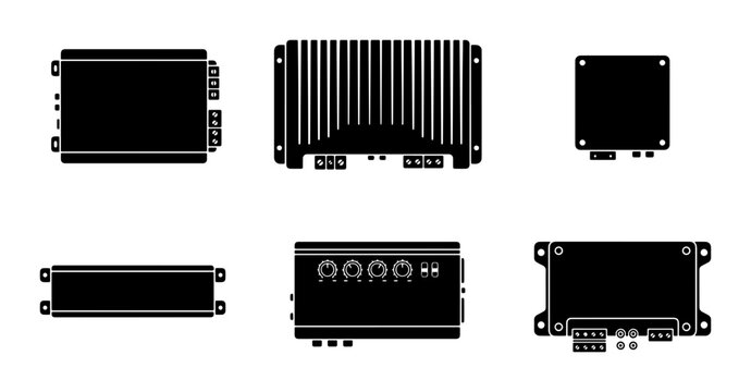 Car Audio Amplifier Set, Black Electronic Devices, Sound System Components, Technology Vector Icons