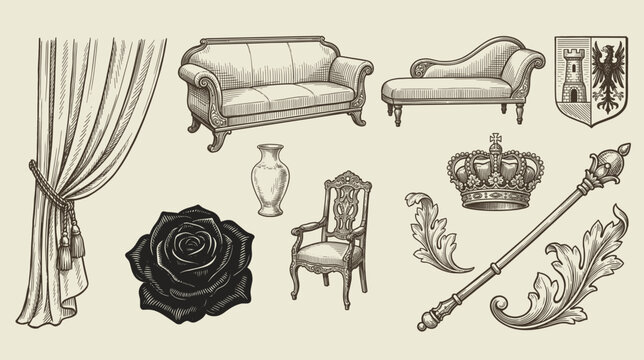 Vintage Engraving Illustration Elements Collection Retro Hand Drawn Set