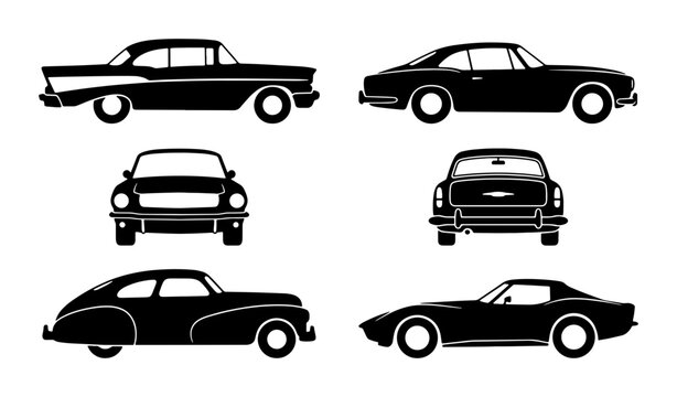 Classic American Muscle Cars, Retro Sports Vehicles, Vintage Automotive Silhouettes, Set of 6