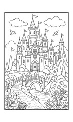 Obraz premium Fairytale Castle Coloring Page with Bridge, River, and Flowers