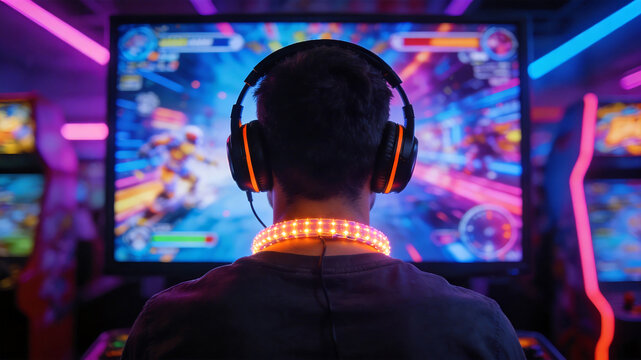 Person playing video game with neon lights representing smart infrastructure and connectivity