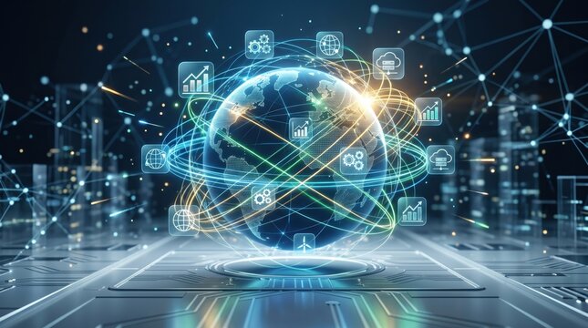Futuristic digital globe with network connections and icons representing global technology, internet, cloud computing and big data visualization