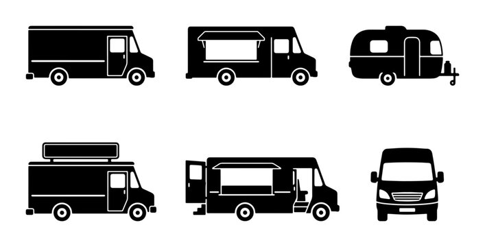 Food Truck Icons Set, Mobile Kitchen Vector Graphics, Street Food Van Silhouettes, Business Transport Collection