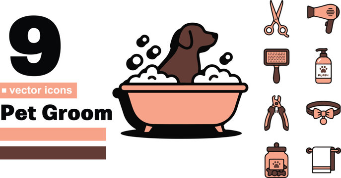 A collection of nine colorful pet grooming vector icons featuring a dog in a bathtub alongside professional tools like scissors, brushes, shampoo, and accessories design.