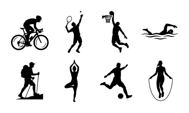 Diverse Sports Silhouettes Collection: Cycling, Tennis, Basketball, Swimming, Hiking, Yoga, Soccer, Jump Rope