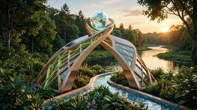 Futuristic eco-friendly architectural bridge structure over river in lush forest, featuring solar panels and glowing green energy lines