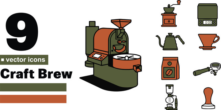 A detailed collection of nine professional craft brew vector icons featuring coffee roasting machinery, brewing tools, and essential accessories for modern specialty coffee shop branding projects.