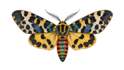 Colorful spotted moth with yellow blue green, and red markings © Femke