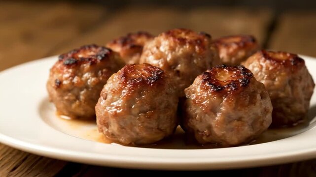 Close-up of appetizing golden-brown cooked meatballs served on a white plate on a rustic wooden table