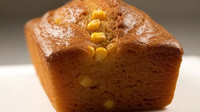 Close-up of Moist Golden Cornbread Loaf Freshly Baked and Ready to Serve, Featuring Visible Corn Kernels on the Rustic Crust