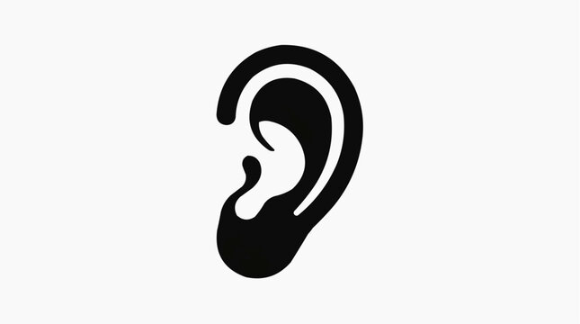 Black silhouette of a human ear on a white background, representing the sense of hearing.