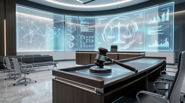 Futuristic courtroom with digital holographic displays, AI legal technology concept, smart justice system interface, virtual law office, modern gavel on desk