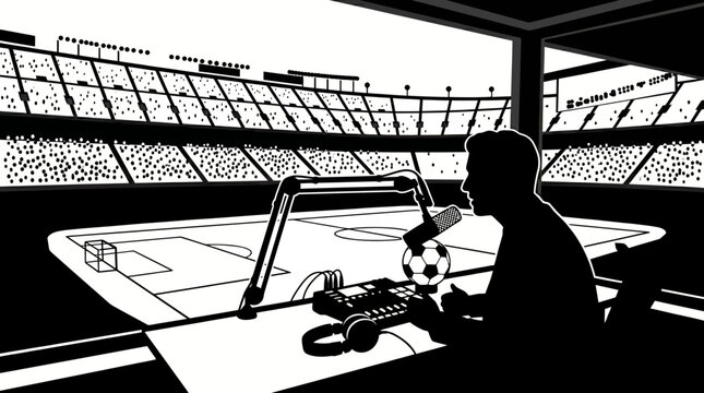 Soccer announcer in a press box overlooking a stadium pitch