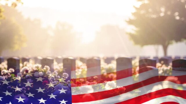 A cemetery for American soldiers and the U.S. flag as a symbol of remembrance and Memorial Day in the United States of America