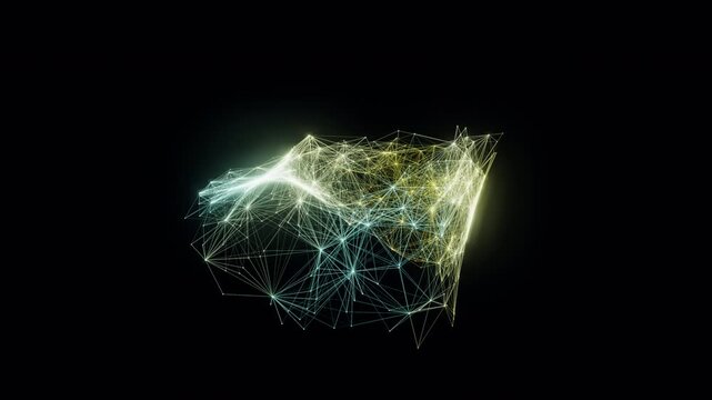 Hypnotic seamless loop of a glowing neon neural network of swarm nodes firing and connecting in a seamless plexus with cinematic depth. Ideal for technology background, presentation background.