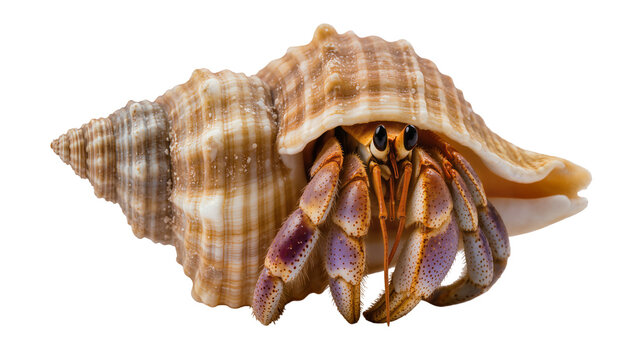 Hermit crab emerging from spiral seashell with purple and orange legs