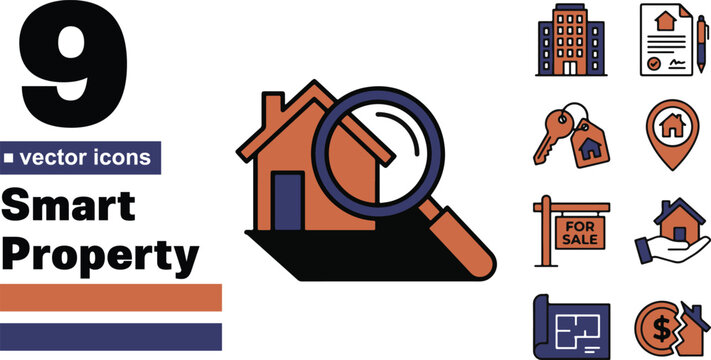A collection of nine creative vector icons featuring real estate symbols like houses keys and contracts designed with a modern clean and professional flat style.