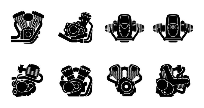 Motorcycle Engine Icons, V-Twin Powerplant Graphics, Inline Four Mechanical Parts, Vector Set