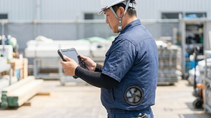 資材置き場でタブレットを確認する日本人男性の作業員、現場で空調服を稼働させて涼む、熱中症対策