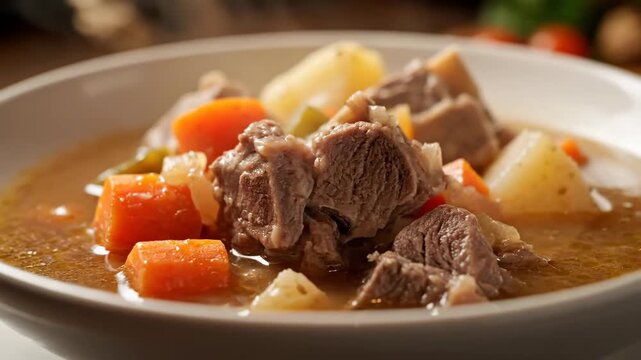 Hearty beef stew close-up: tender chunks of meat, carrots, and potatoes simmering in a rich, savory brown sauce, featuring classic comfort food presentation.
