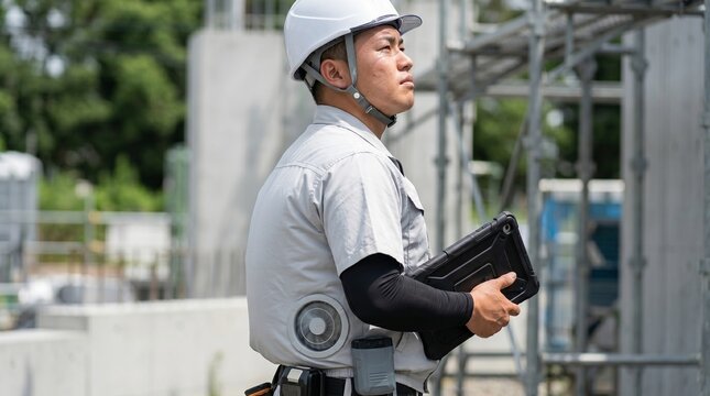 建設現場でタブレットを持ち遠くを見つめる日本人男性の現場監督、現場で空調服を稼働させて涼む、熱中症対策