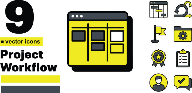 A professional set of nine vibrant yellow and black vector icons depicting project workflow management tools for modern digital business operations and agile software development environments.