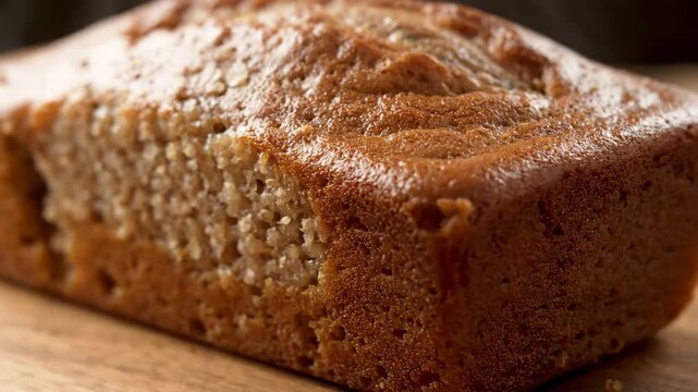 Close-up Detail of Moist, Golden Brown Homemade Quick Bread Loaf on a Rustic Wooden Surface, Highlighting the Delicious Crumb Texture