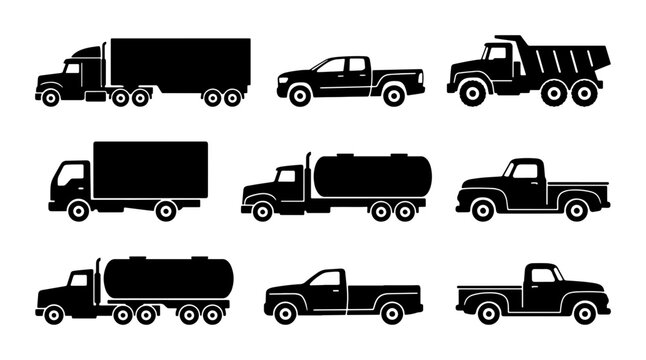 Diverse Truck Silhouettes Collection: Heavy Duty, Pickup, and Tanker Vehicles