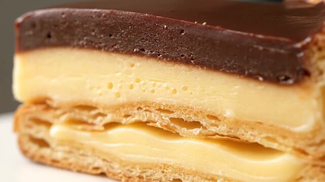 Macro detail of gourmet chocolate and vanilla custard slice layered on flaky puff pastry, showcasing the texture and richness of the classic french mille-feuille dessert.