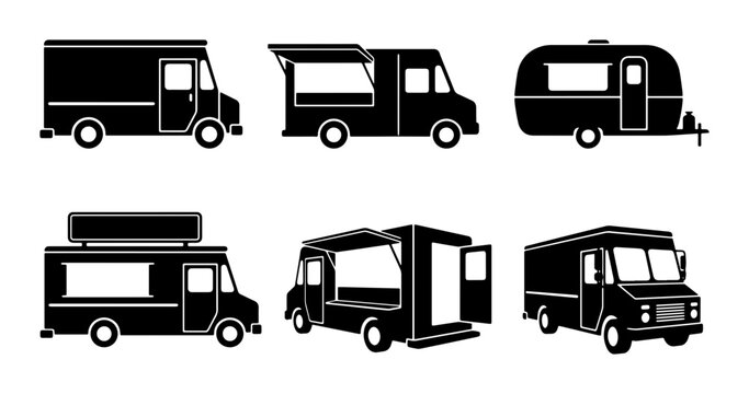 Food Truck Icons Set, Mobile Kitchen Vector Graphics, Street Food Van Illustrations, Catering Vehicle Silhouettes