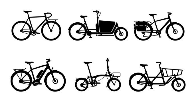 Diverse Bicycle Collection, Urban Commute Cycles, Cargo Bikes, Electric Bikes, Foldable Bikes, Vector Icons