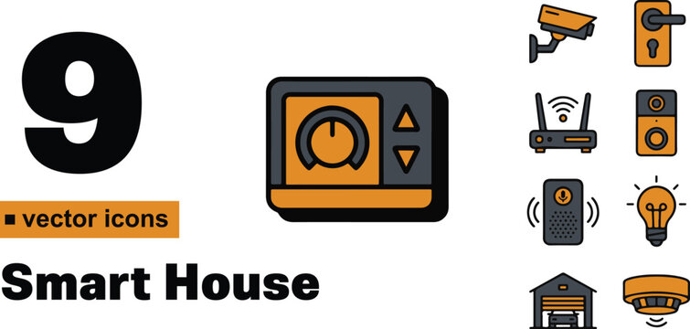 Nine professional smart house vector icons featuring a central thermostat design with bold orange and dark grey flat color schemes for modern digital technology projects.