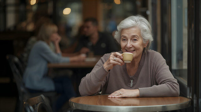 Woman sitting caf&eacute; table showing relaxed contentment with everyday clothing coffee cup and window afternoon light creating quiet urban atmosphere generative AI