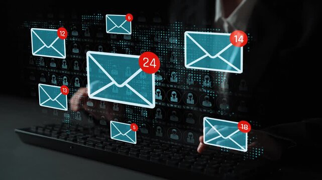 Digital Communication Concept with Virtual Email Notifications and User Icons on a Keyboard in a Dark Environment Sigmoid