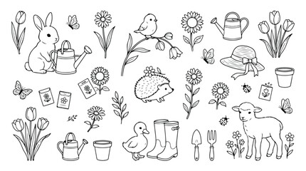 Spring garden coloring page vector set, cute farm animals and gardening tools line art, floral nature elements for kids activity © Saad