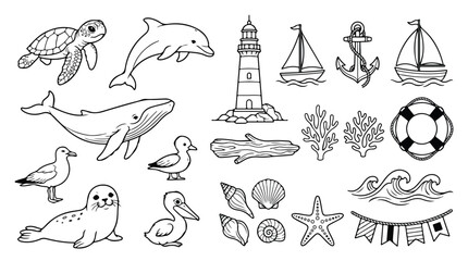 Nautical sea life line art collection, ocean animal coloring book vector set, hand drawn maritime icons with whale dolphin and lighthouse © Saad