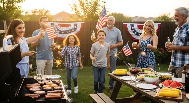 Happy multi generational family celebrating independence day with backyard barbecue party holding sparklers and american flags
