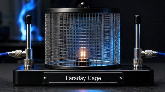 Experiment with a Faraday cage demonstrating electromagnetic shielding in a lab setting with a glowing light source inside