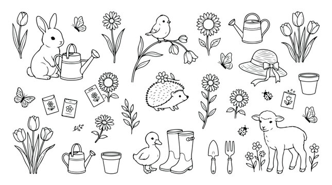 Spring garden coloring page vector set, cute farm animals and gardening tools line art, floral nature elements for kids activity