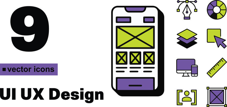 A collection of nine colorful vector icons representing modern ui ux design elements including mobile wireframes digital tools and professional creative interface development symbols for designers.