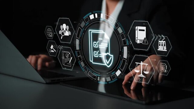 Modern Digital Interface for Business Management and Compliance with Data Security and Legal Icons Highlighting Technology in Office Setting Sigmoid