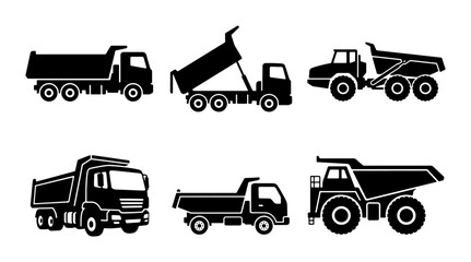 Dump Truck Icons Set, Construction Vehicle Silhouettes, Heavy Duty Truck Graphics, Industrial Transport Vector Collection © Rumpa