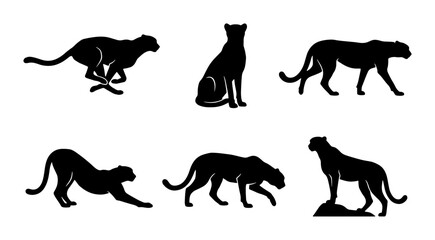 Cheetah Silhouettes: Six Dynamic Poses, Wild Cat Vector Icons for Wildlife and Safari Designs © Jahangir