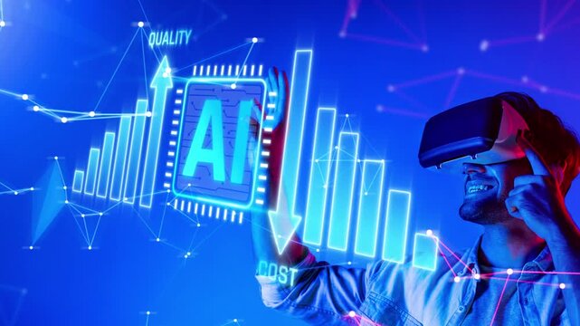 Man using virtual reality headset to explore artificial intelligence data metrics with futuristic visuals in a digital context Sigmoid