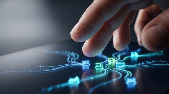 Supply chain resilience automation digital logistics network concept glowing route control human hand touch tablet transport connection technology flow management efficiency